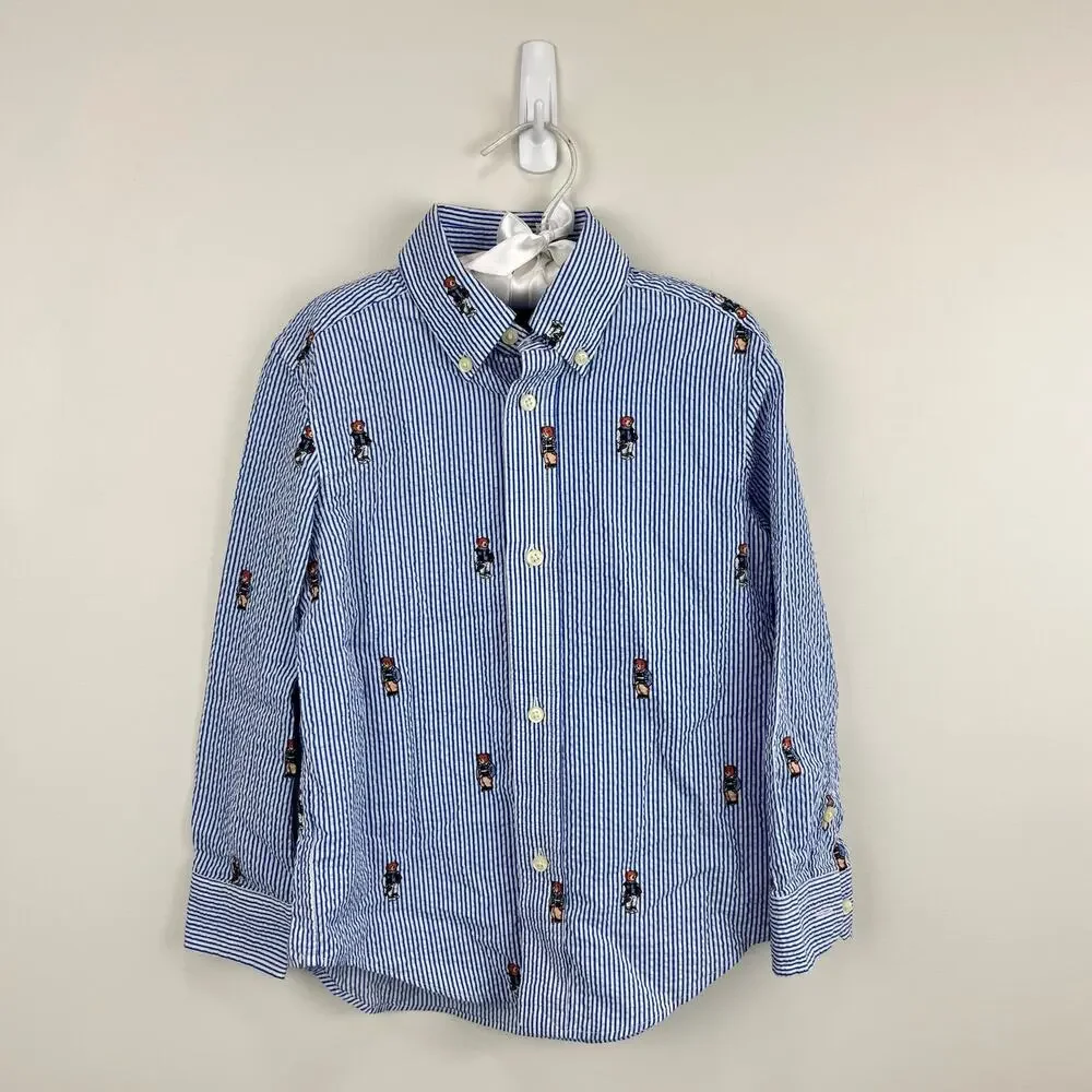Ralph Lauren Blue Seersucker Bear Button Down Shirt 4T